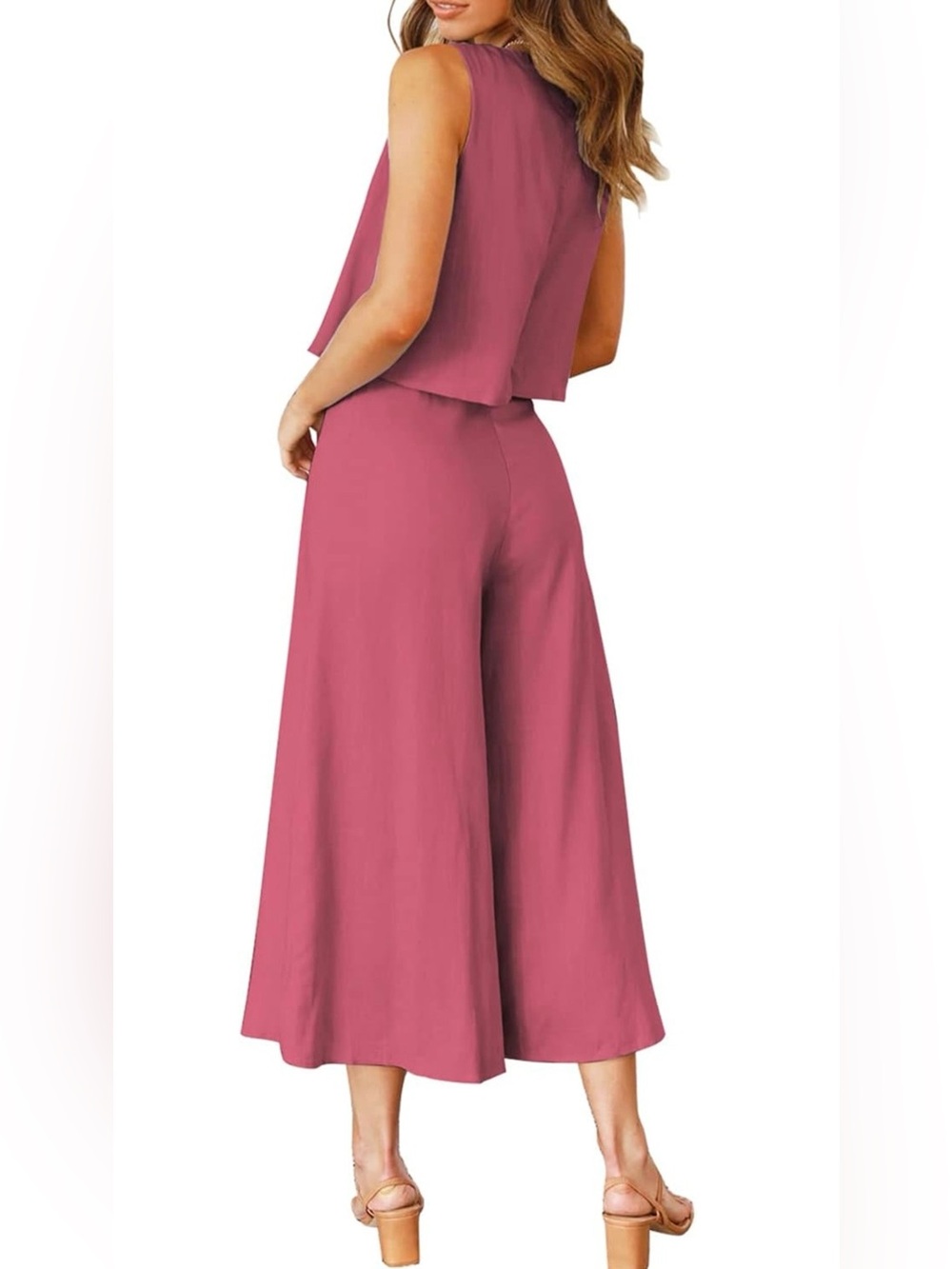 🍓Two-Piece Crop Top & Wide Leg Pants Set - Berry Pink Culotte Capri Flowy Gaucho - Picture 2 of 11
